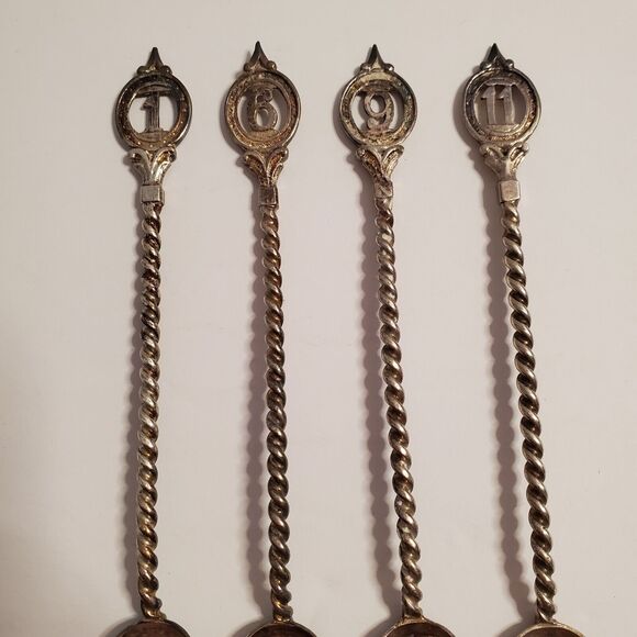 Antique 4 Pc Nickel Silver Coffee Spoon Twist Handle Numbered C.R. Carlstrom - Picture 3 of 14